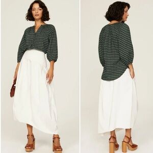 Apiece Apart Mitte Puff Sleeve Striped Top Blouse Cotton Silk Forest Green Small